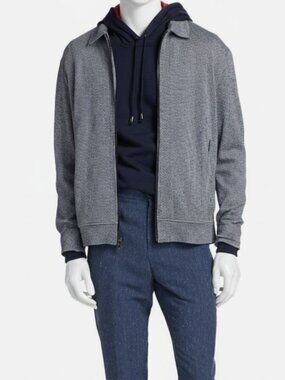 Saks Fifth Avenue Men's Blue Houndstooth Full Zip Knit Bomber Jacket Size S